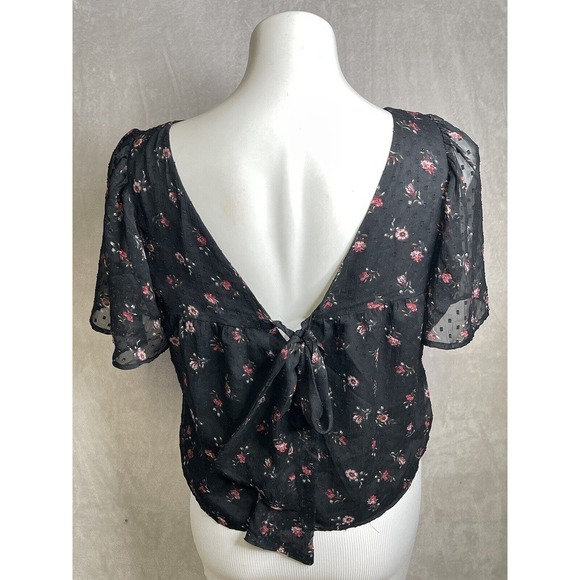 Loft Womens Blouse Size S Small Short Sleeve Black Floral Open Tie Back Lined - Picture 2 of 6